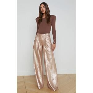 L’agence NWT Allanah Sequin Beige Champagne Pink Wide Leg Trouser Pants, Size 10